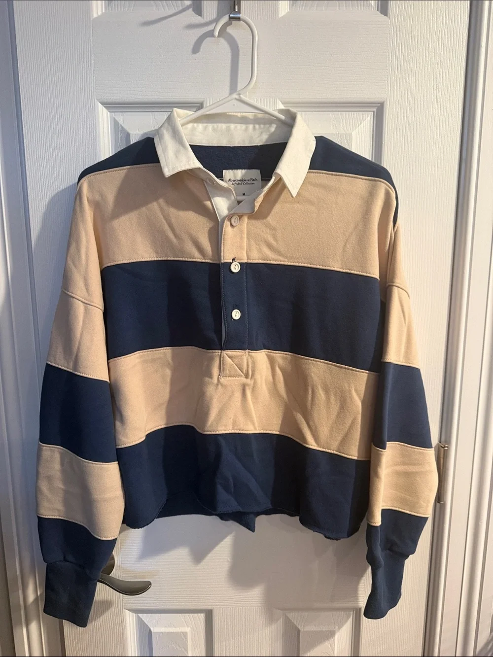 A&F Women’s Striped Rugby Pullover Fleece - Navy & Beige